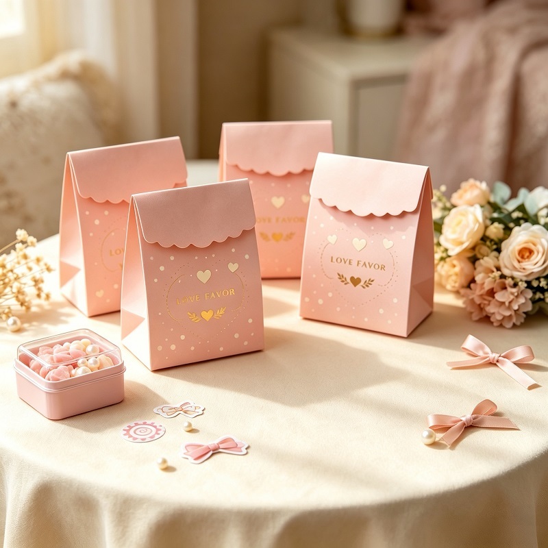 Scalloped flap mini paper favor bags with block bottom for wedding packaging