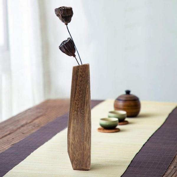 Indoor Decorations Wooden Vase with Handmade Design and Pure Color Glass Holder