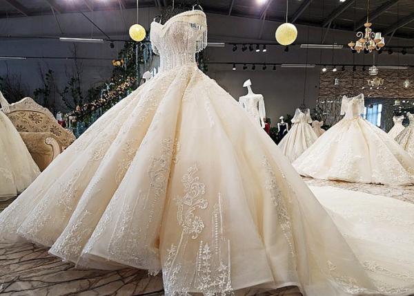 Champagne Off Shoulder Wedding Gown , Big Ball Gown Dresses Beaded Tassels