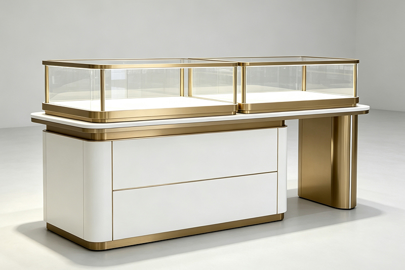 Modern Jewelry Counter with Brushed Champagne Gold Frame, Offset Dual Glass Showcase, and Lockable Storage Drawers