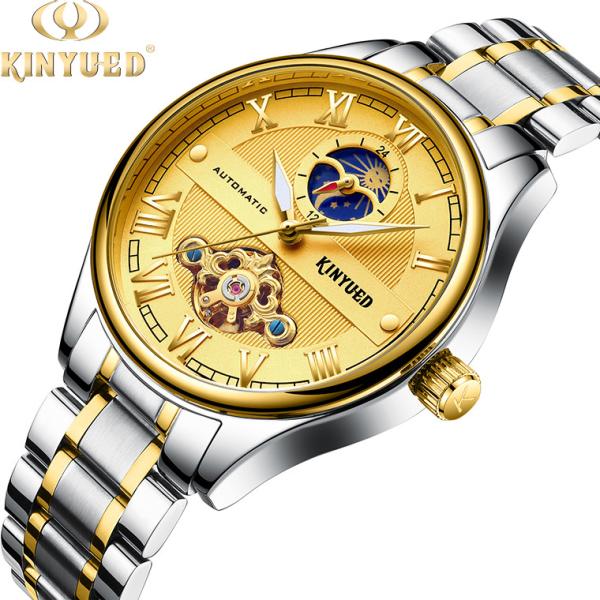 Brand KINYUED automatic skeleton watch gold dial moon phase tourbillon mens automatic watch