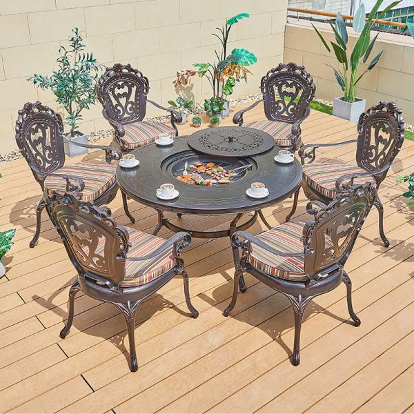 Water Proof Villa Round Patio Dining Set Garden Cast Aluminum BBQ Table and 6 Chairs