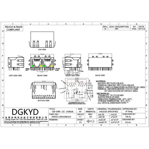 Соединители DGKYD112B002DB2A1D низкопрофильного 1x2 Cat6 RJ45 множественные гаван