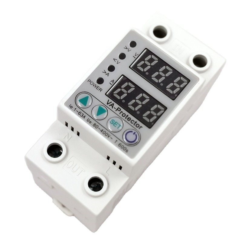 Single Din Rail 63A 40A Dual LED Display Voltage Protector Adjustable Over Under Voltage Protective Relay for Single Phase