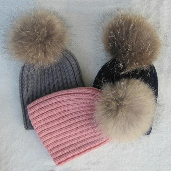 Winter Knitted Real Fur Girls Pom Pom Beanie Hat 100% Acrylic Wool Keep Warm