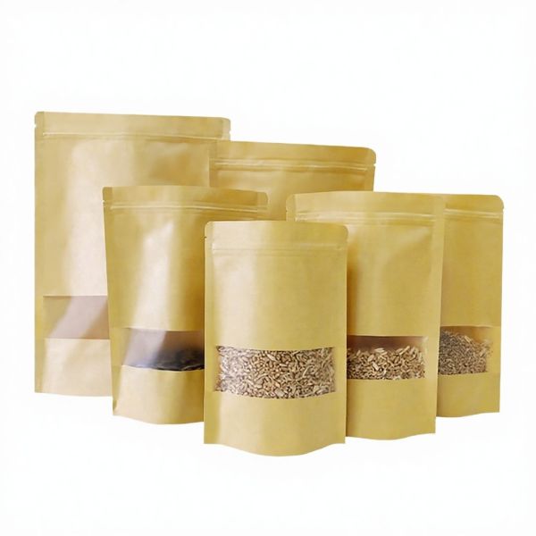 Multi-Size Recycled Kraft Paper Bag with Clear Window and Resealable Zipper for Food Grade Dry Storage