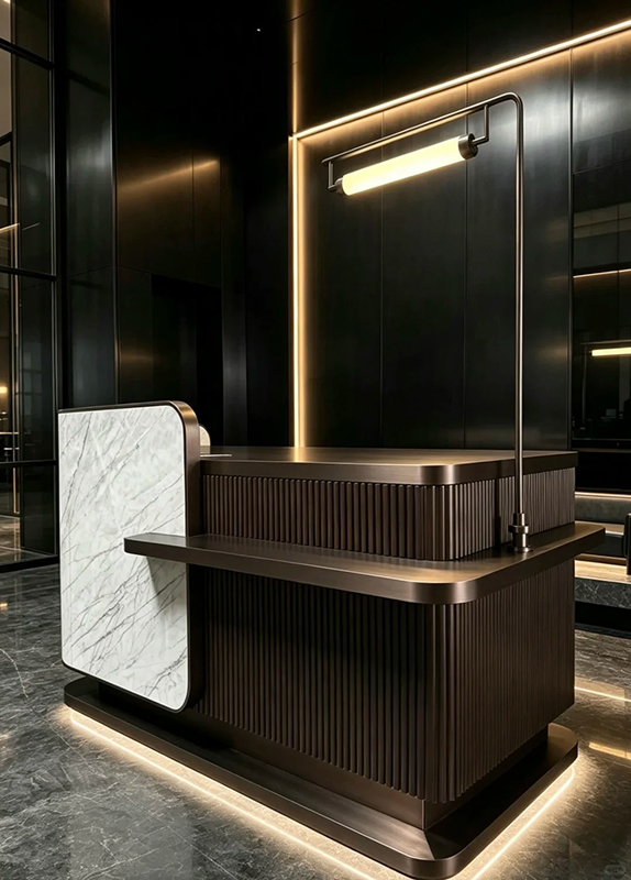 Luxury Fluted Bronze Reception Counter with Marble Side Panel and Base LED Light for High-End Hotels