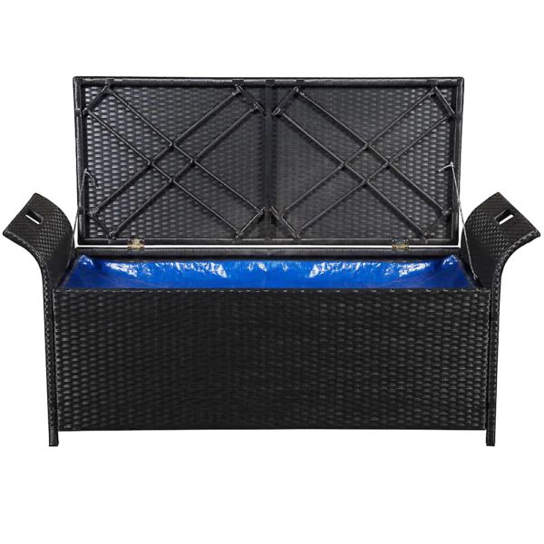 Wholesale Price High Quality Steel Frame  Rattan Storage Bench Outdoor Furniture Storage Box With Eye Rings 2 Sides Garden Bench
