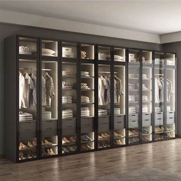Premium Black Wood Walk-In Closet Full-Height Mirrored Doors and Luxury Bedroom Storage Cabinet