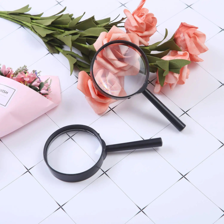 Custom Printed Wholesale Cheap 5x 60/70/80/90/100 mm Handheld Glass Lens Black Magnifying Glass for Reading