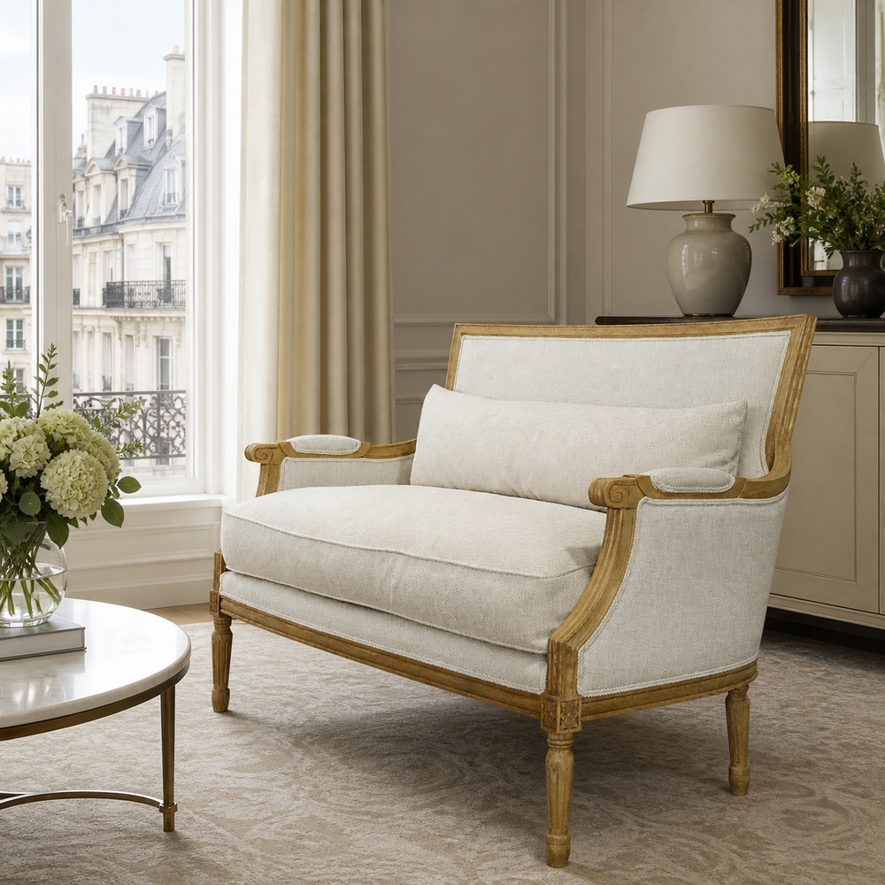 French Neoclassical Solid Wood Upholstered Loveseat, 2-Seater LG-5008