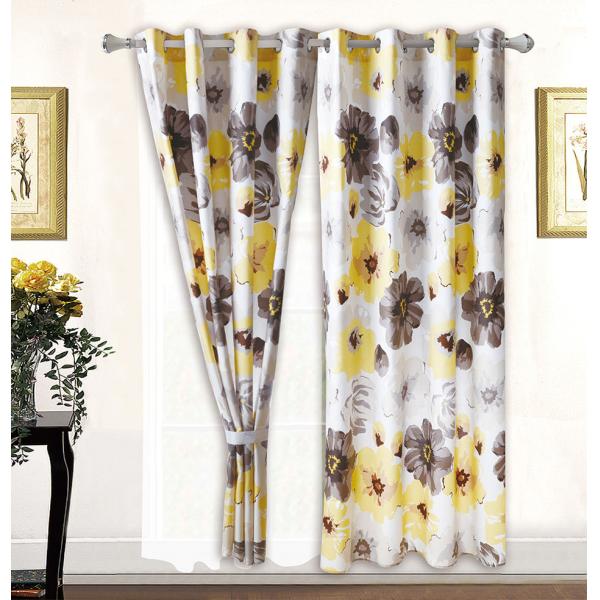 Home 100% Polyester Yellow Floral Print Bedding Set with 2 Curtains 8 Pieces