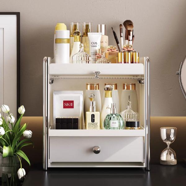 Pull-out 3 Tier Cosmetic Storage Box with Dust-proof Cabinet Door Kitchen Spice Jar Rack Coffee Capsule Drawer Desktop Organizer
