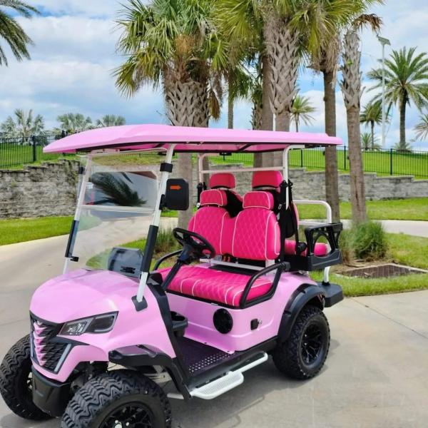 Voiture de golf électrique rose de luxe 2 + 2 places avec haute puissance 14 pouces pneus tout-terrain batterie au lithium
