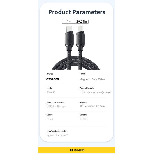 Fast Charge Magnetic Absorption Cable USB C to USB C Cord 60W 100W ES-X56 Series