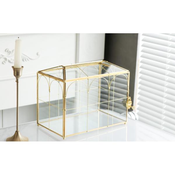 Glass Wedding Card Box with Slot, Large Clear Card Box Gold Brass Gift Card Storage Box with Lock for Wedding