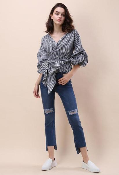 Fall Clothing Blouse Ladies Gingham Tops Women Wrap Top