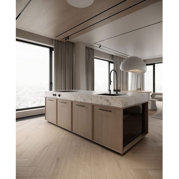 Warm Beige Elegant Villa Living Room Kitchen Decoration Design Building Material Supplies