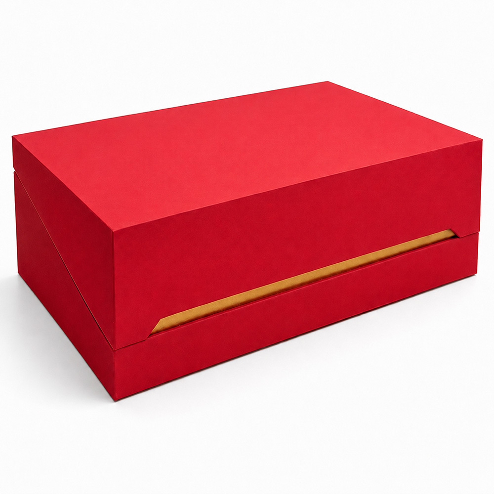 Custom Red Soft Touch Flip Gift Box with EVA Gold Card Insert