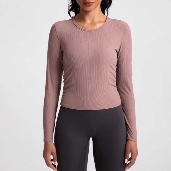 Beige Ribbed Women Activewear Tops Long Sleeve Cropped Stretch Slim Fit Crew Neck