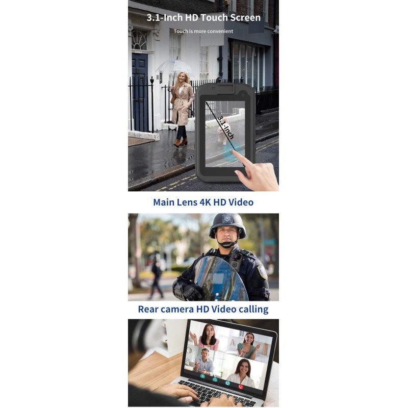 Mini 5G Body Worn Camera Audio and Video Recorder 4K Video 3.1'' Touch Screen IP68 Waterproof Security Camera with Wifi GPS BT