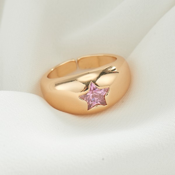 Trendy New Design Women 14K Gold Plated Smooth Chunky Pink Star Cubic Zirconia Diamond Evil Eye Ring