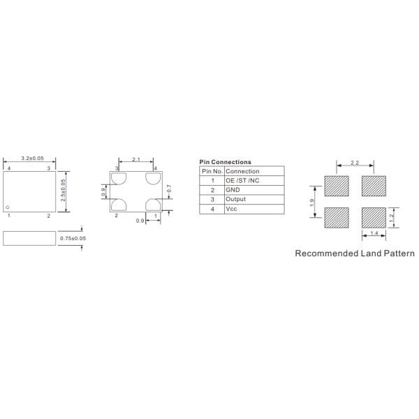 MEMS осциллятор SMD 2.5x2mm HCMOS 3-110MHz 20PF 20ppm 1.6-3.3V -SJK- Размер 5x3.2mm