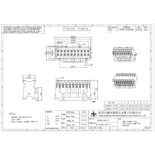 250V AC / DC 2.0mm Pitch PA66 Material Automotive Electrical PAD Connectors Double Row
