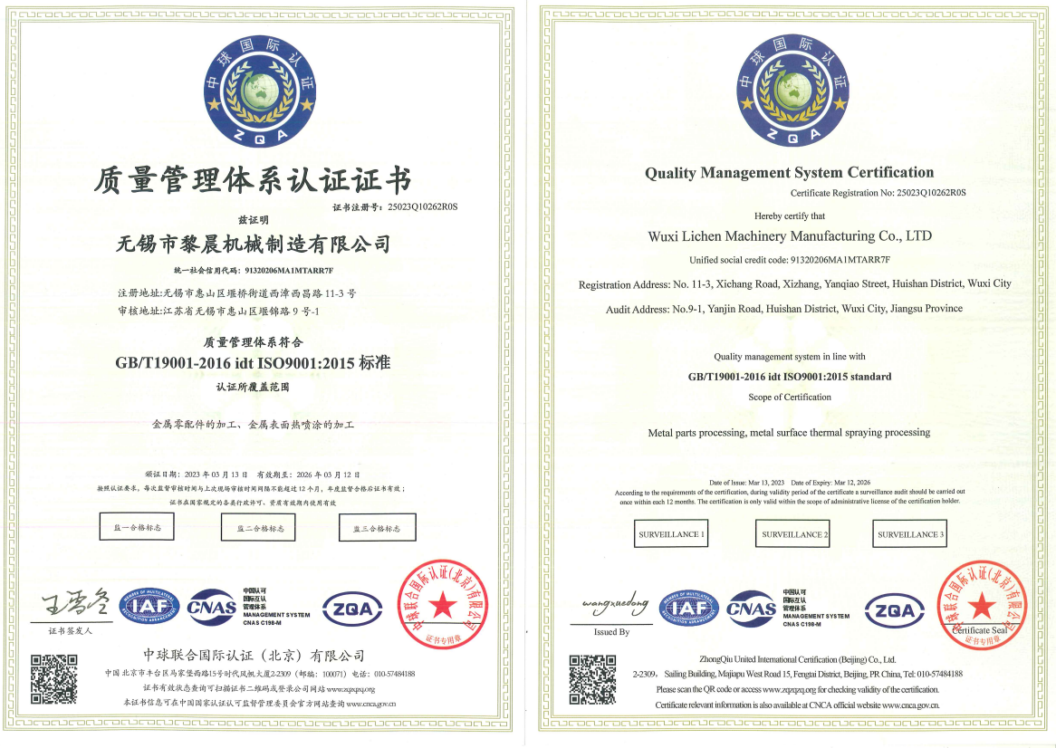 Wuxi LiChen Machinery Manufacturing Co., Ltd. Certifications