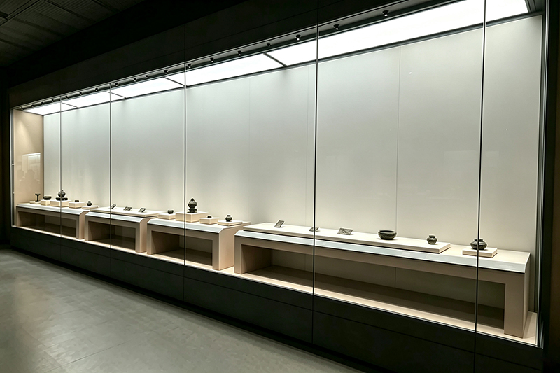 Custom Modular Seamless Splicing Museum Display Case with Anti-UV Low-Iron Glass and Recessed LED Lighting