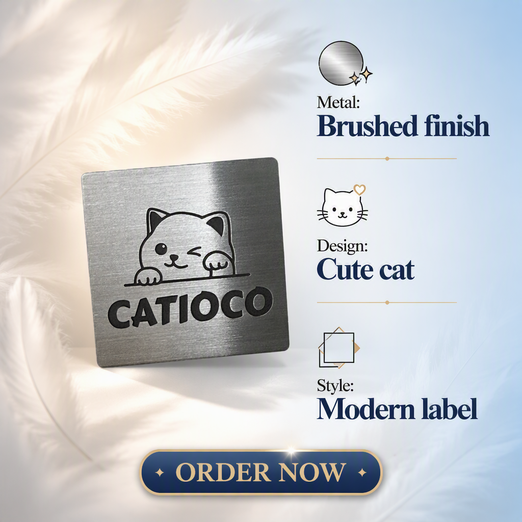Custom Cat Brushed Background Stainless Steel Metal Nameplate With Adhesive
