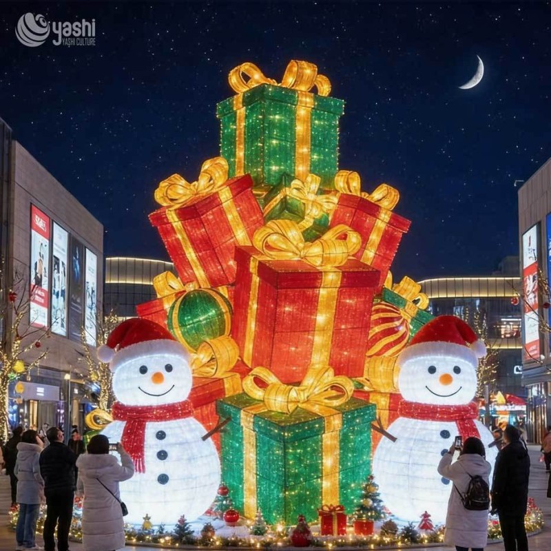 Custom LED Gift Box Stack Light Sculpture, Outdoor Christmas Gift Lantern Set with Snowman, Support Customization