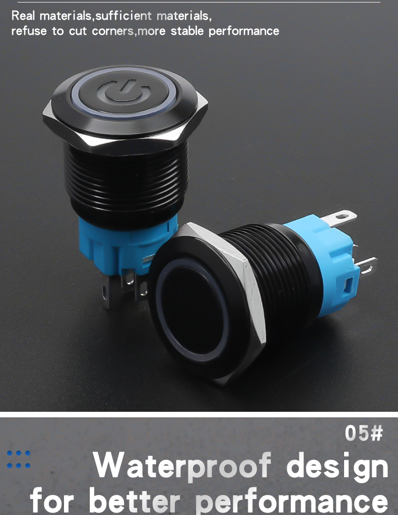 19mm Metal Push Button Switch 1NO1NC Oxidized Black Shell Waterproof Momentary Latching Button Switch High/Flat Head Ring-LED