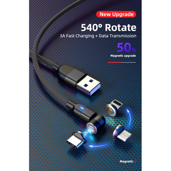 540° rotation USB magnetic cable nylon braided 3 in 1 magnetic cable fast charging 3A type C cable charger