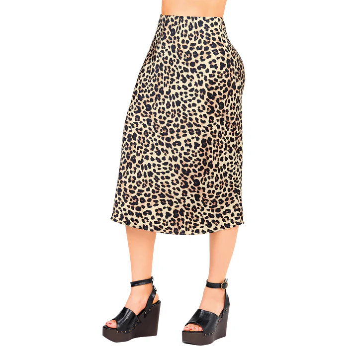 Retro Leopard Print Midi Skirt - Satin Finish (Brown & Black)