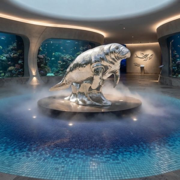 Life Size Outdoor Stainless Steel Manatee Sculpture Mirror Polished Ocean Animal Statue for Plaza Park Seaside Decoration Art