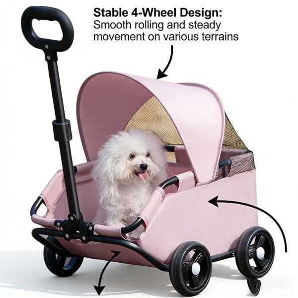 Wholesale Foldable Pet Stroller, OEM ODM 4-Wheel Pet Trolley with Mesh Ventilation for Small Pets
