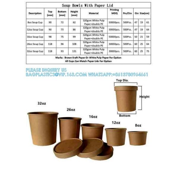 Wholesale OEM Custom Printing Design Logo 8oz-32oz Disposable Kraft Paper Soup Food Cup Bowls Food Packaging
