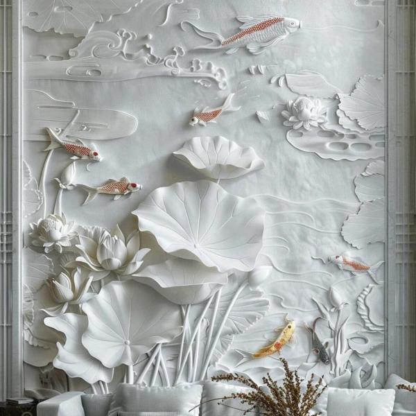Exquisite Lotus Relief Mural Hand Carved from Natural Marble Stone for Modern Wall Decor