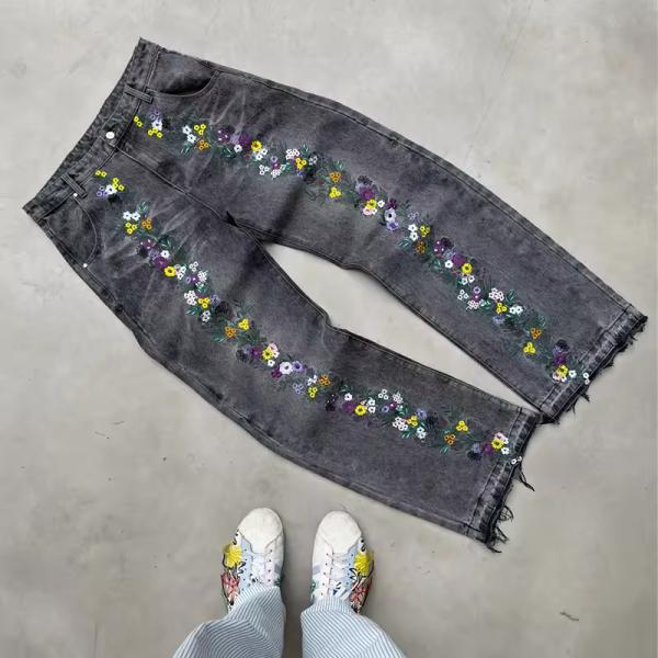 Custom Oversized Denim Jeans Pant Wide Leg Baggy Denim Embroidered Jeans Low Price Free Sample High Quality