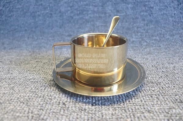 Modern Breakfast Set Golden Stainless Steel Coffee Cup With Round Plate 200ml