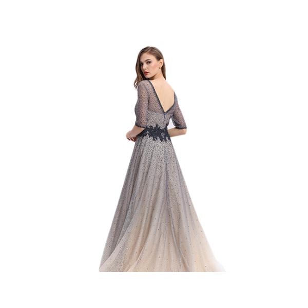 Gradient Ramp Half Sleeve Formal Dresses , Sequined Sash Long Formal Dresses