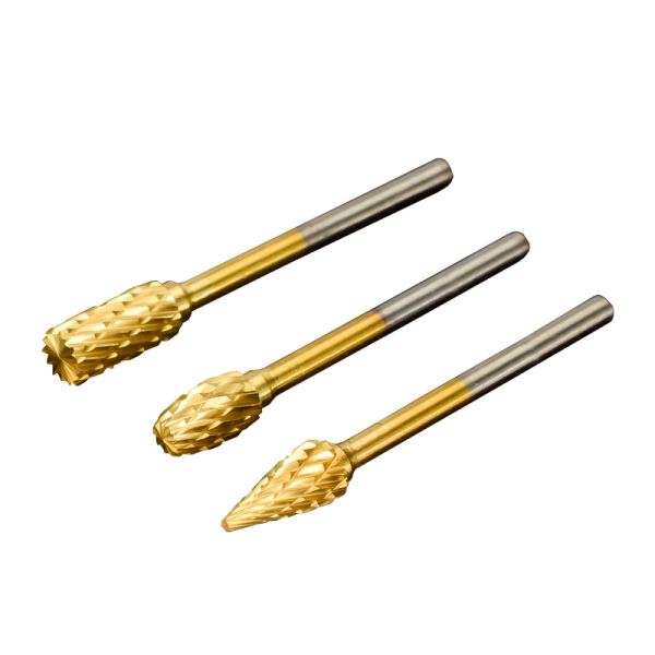 10pcs 1/8 Shank Yellow Coating Paint Tungsten Rotary Tool Burr Double Cutting for Electric Grinding and Polishing