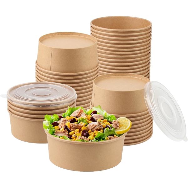 OEM Customized Kraft Paper Bowls with Lids Disposable Soup Salad Bowls Party Supplies to Go Food Container for Party Dessert Ice Cream Yogurt
