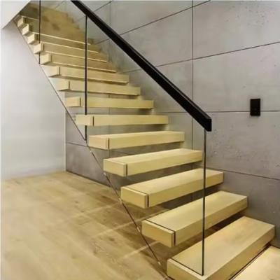 Villa Design Floating Staircase Invisible Steel Stringer With Wooden Tread Glass Railing