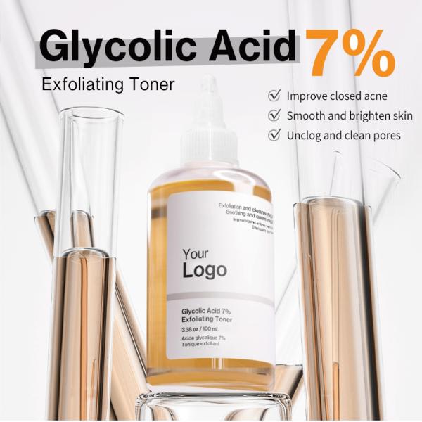 Vente à chaud 7% d'acide glycolique tonique exfoliant élimination de l'acné tonique de soins de la peau du visage tonique de marque privée tonique exfoliant glycolique