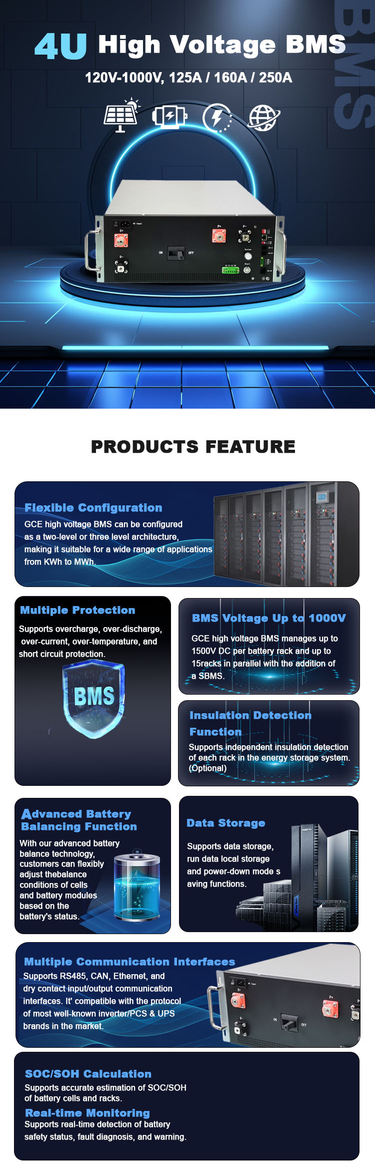 Система управления высоковольтными батареями GCE 190S 125A Master Slave BMS с реле BMS NMC LTO LFP хранилище солнечной энергии