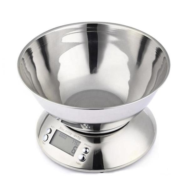 Balance de cuisine numérique multifonctionnelle 5000g avec bol, portable, en acier inoxydable, de type bol, avec écran LCD, argent, 2 piles AAA