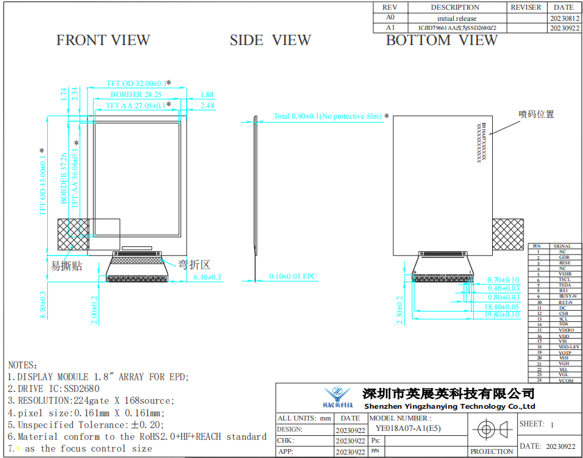 1.8 Inch E-paper Display 224×168 Resolution 24pin Low Power Consumption 4-Color E-Ink Screen