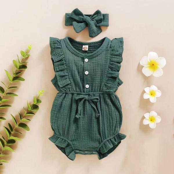 In Stock Summer Baby Girls Romper + Headband Cotton Linen Ruffles Sleeveless Infant Rompers Newborn Clothes
